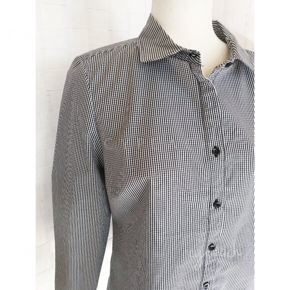 George Button Down Shirt Medium Black White Gingham Top Classic Preppy Lagenlook - Picture 2 of 14